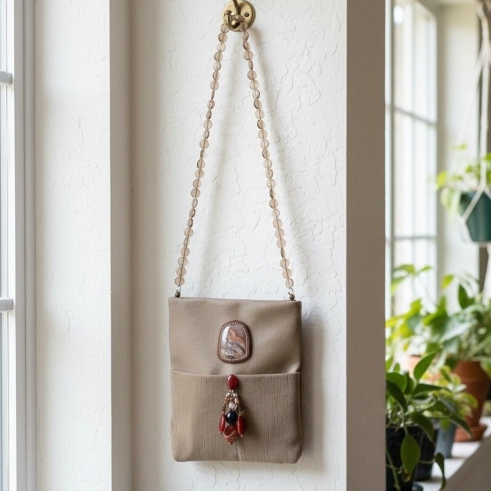 Barbara Oehl Handcrafted Tan Leather Gemstone Beaded Crossbody Bag Boho Artisan